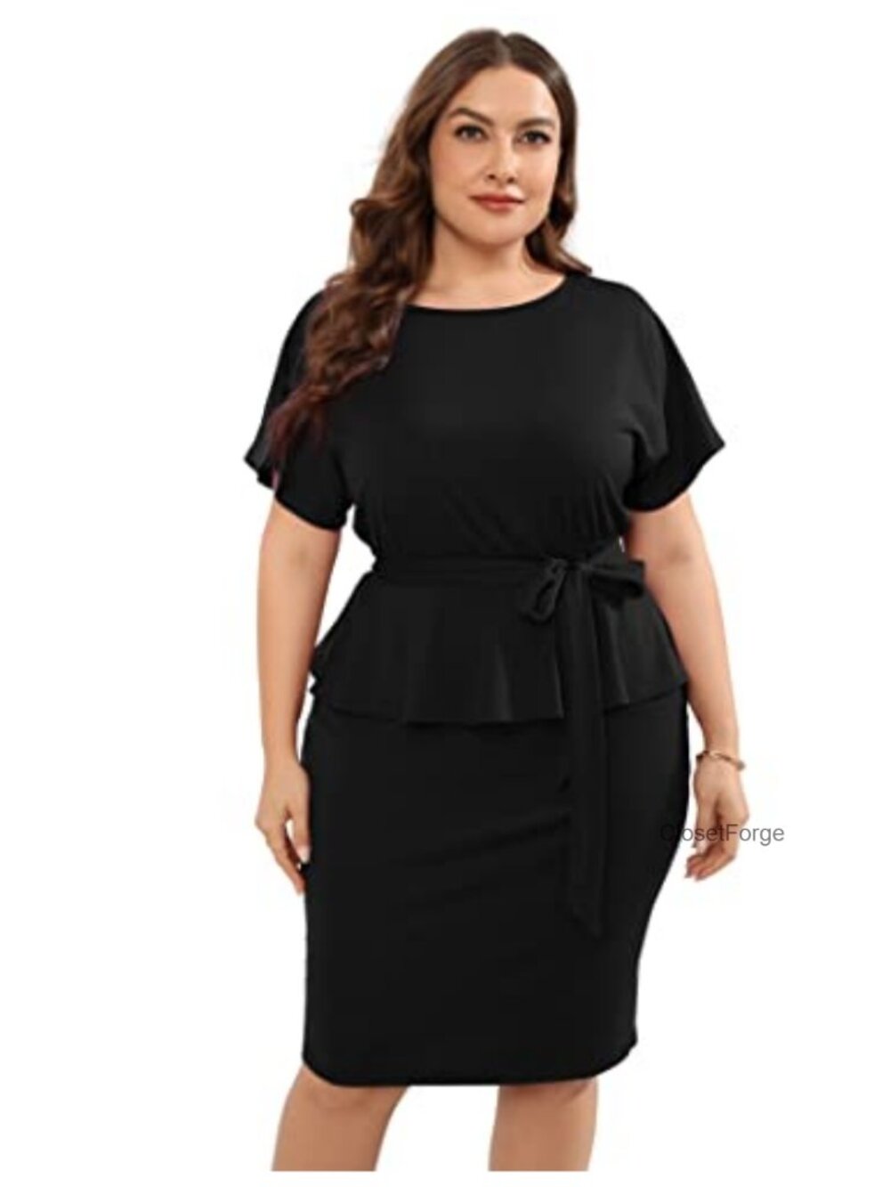 Plus Size Bodycon Midi Dress with Belt Peplum Business Office Cocktail